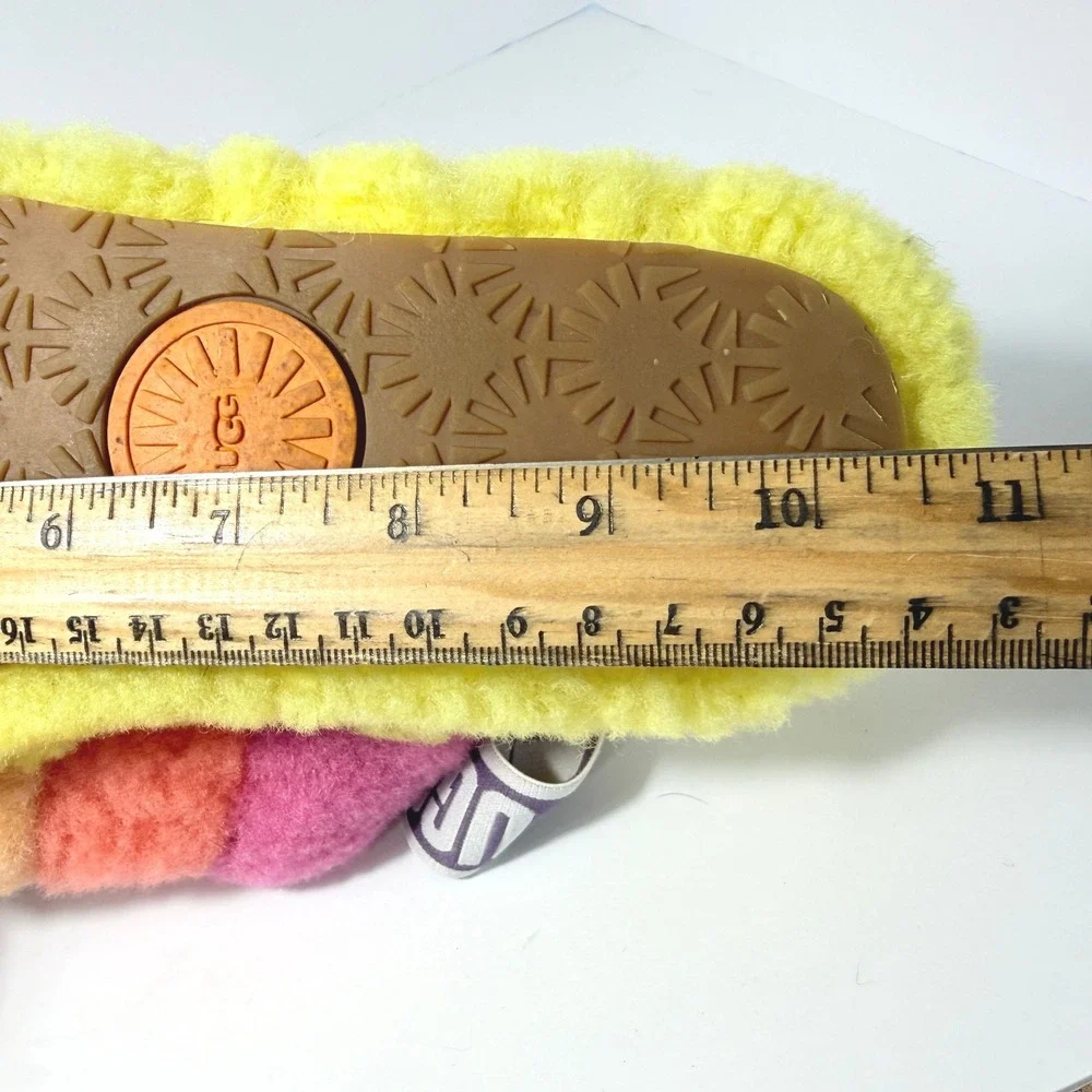 UGG Fluff Yeah Slide Rainbow Sheepskin Slippers Pink Orange Yellow Est. Size 9 - Picture 6 of 8